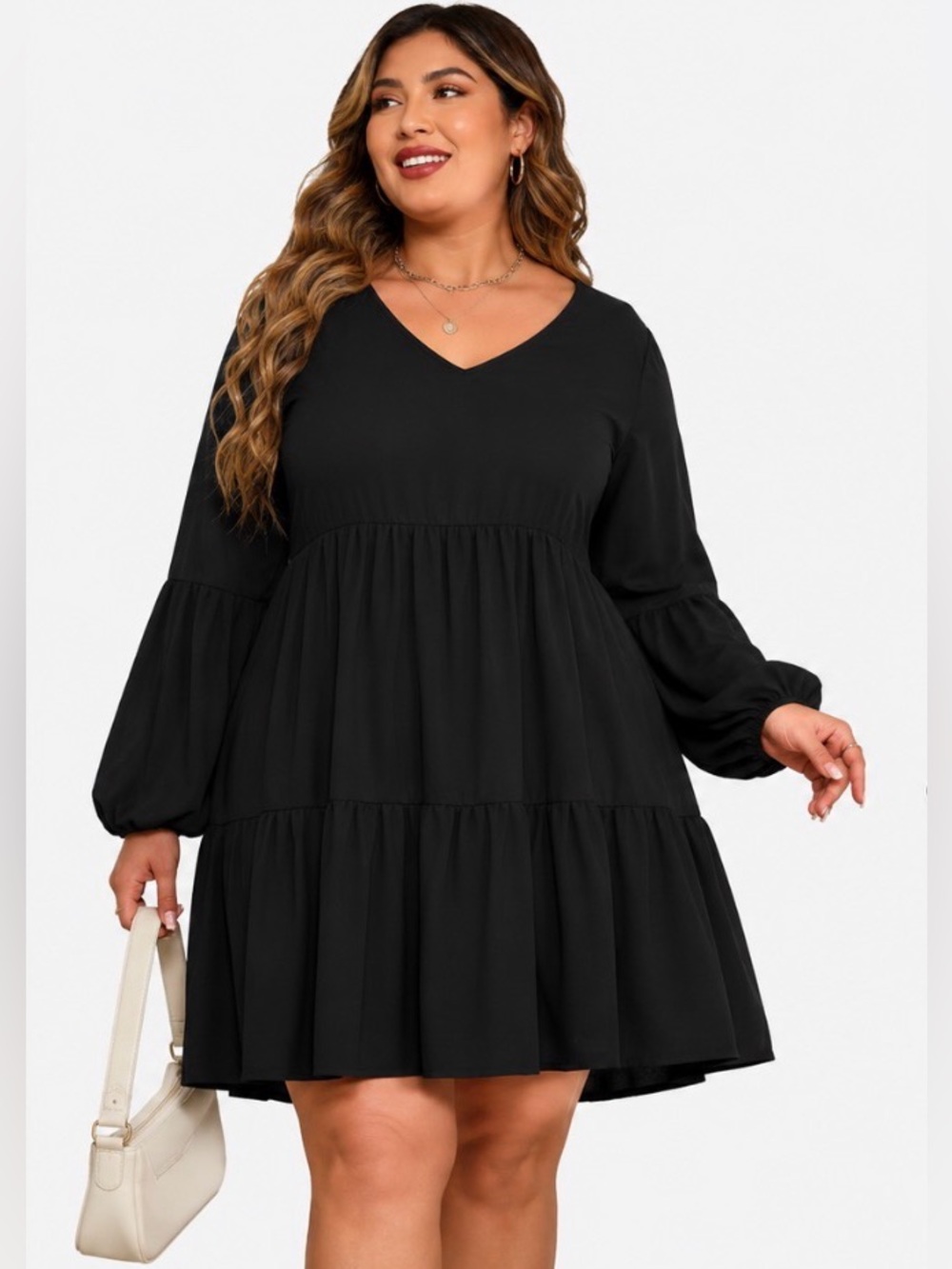 Casual Babydoll Tunic Tiered V-Neck Flowy Long Sleeve Dress